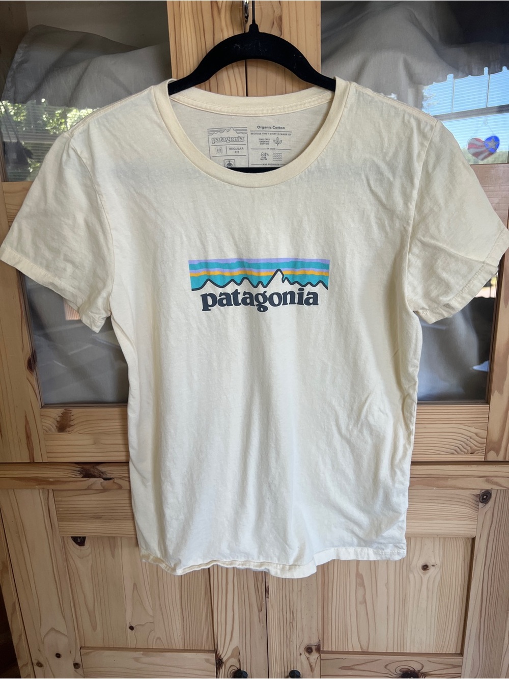 Patagonia Cream Short-Sleeve Logo Tee with Blue, Green, Yellow Stripes